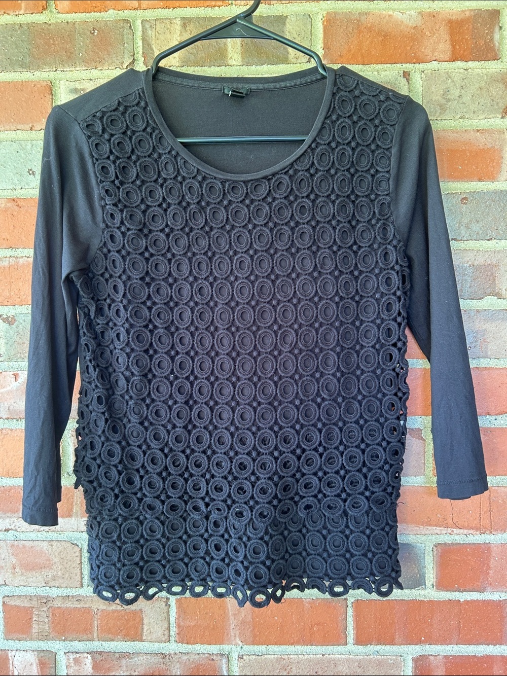 J. Crew Black Crochet Circle-Front Long Sleeve Top